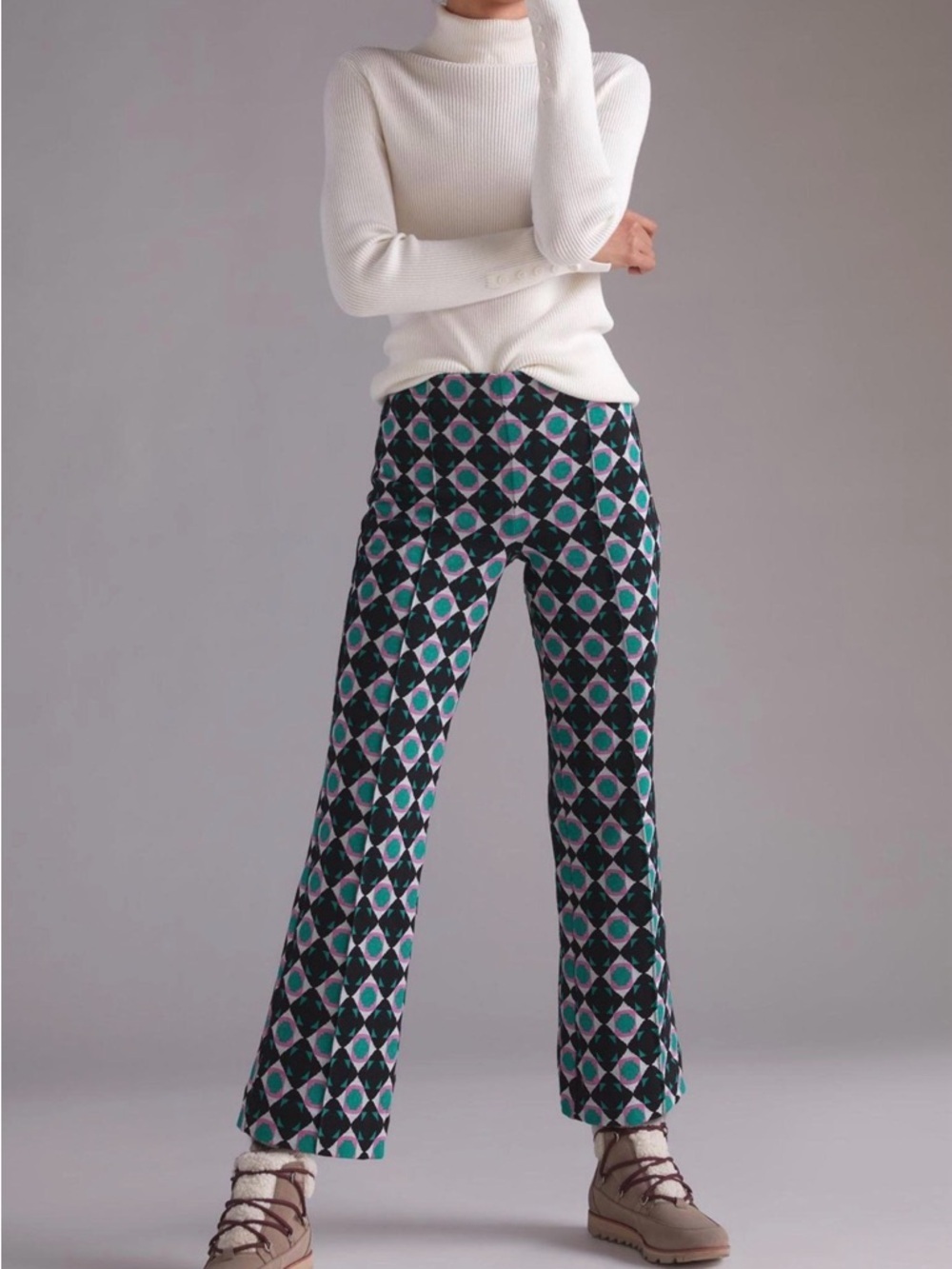 Maeve Anthropologie Margot Geometric Knit Kick Flare Crop Pants XS Retro Mod